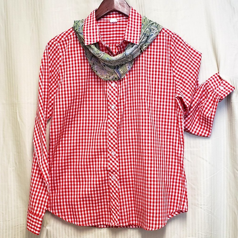 Size 13. Red Gingham Long Sleeve Button Down Shirt.
